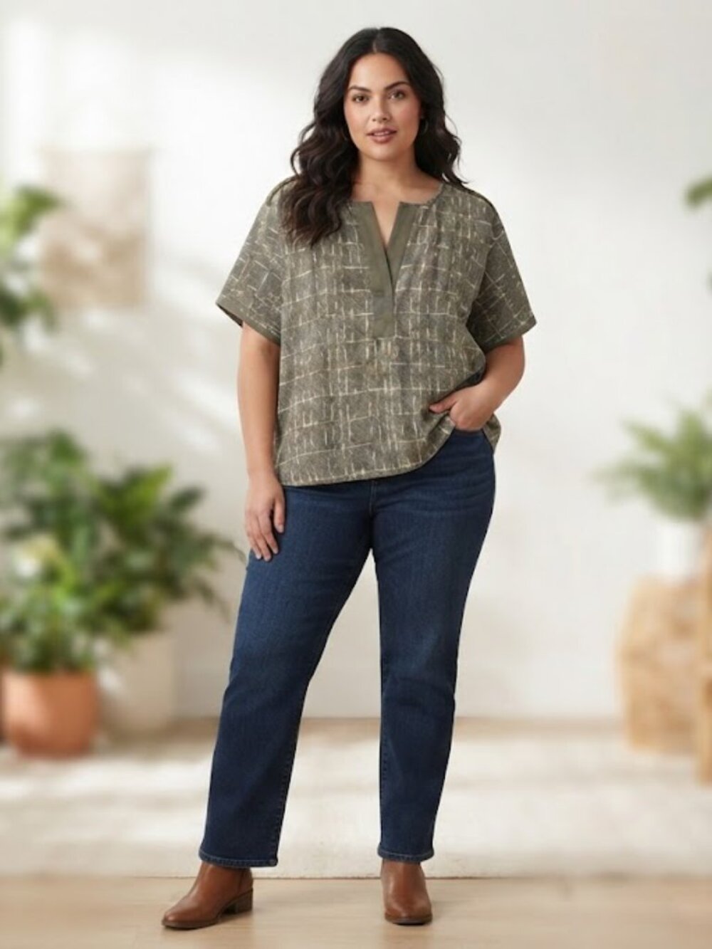 Cato Green and Cream Tunic Top